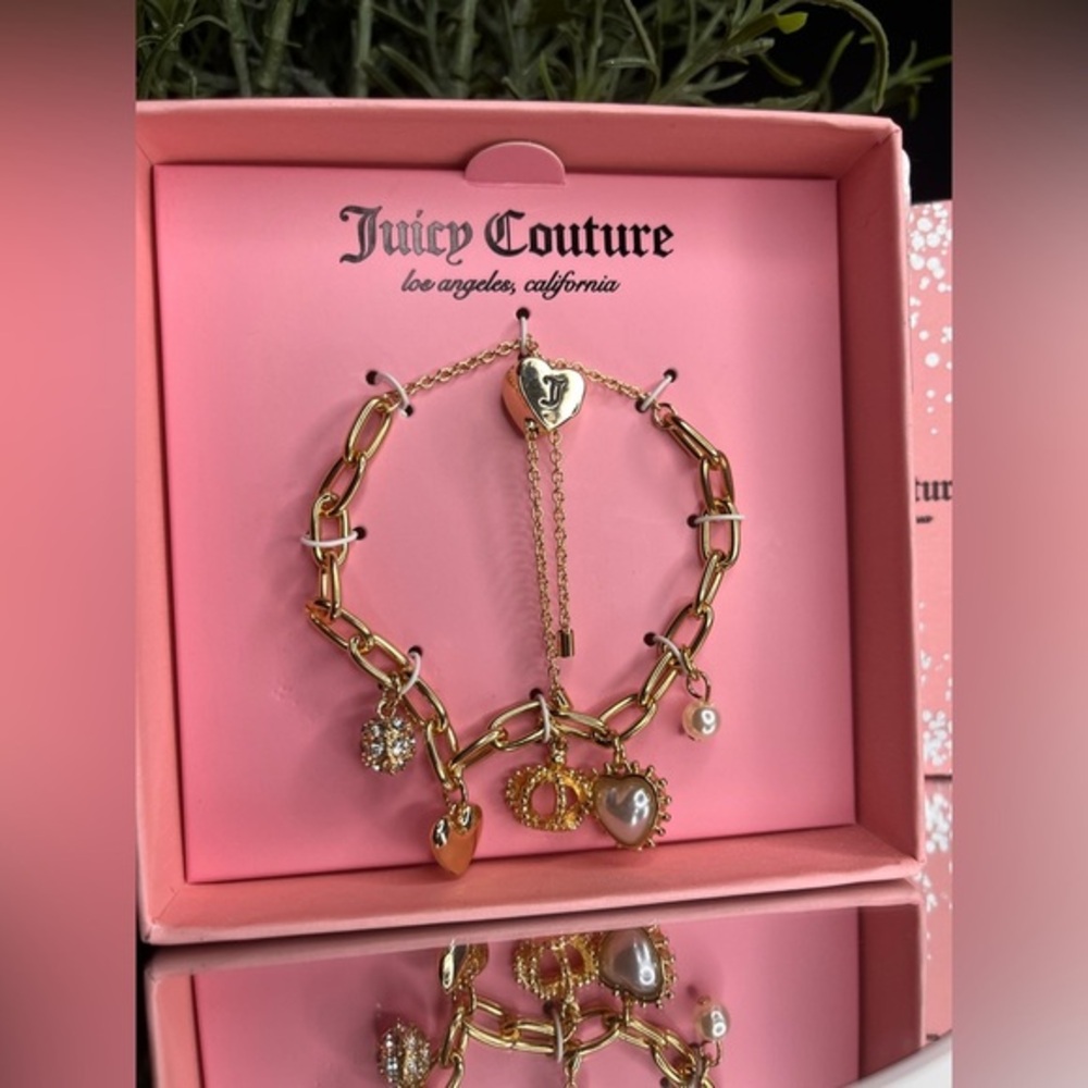Juicy Couture Gold Charm Bracelet Pearl Heart Crown Rhinestone Adjustable NWT